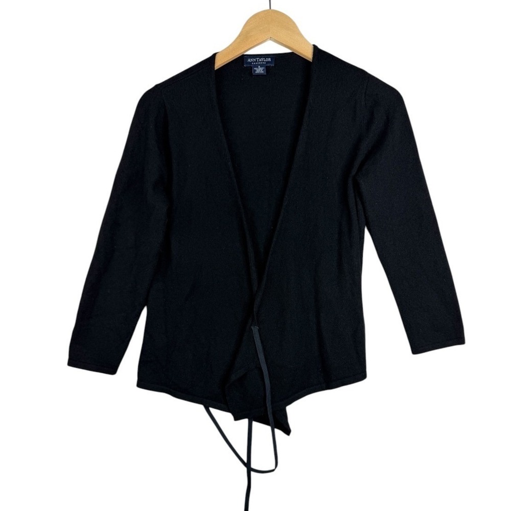 Ann Taylor Cashmere Long Sleeve Open Front Cardigan Tie Closure size Small Black
